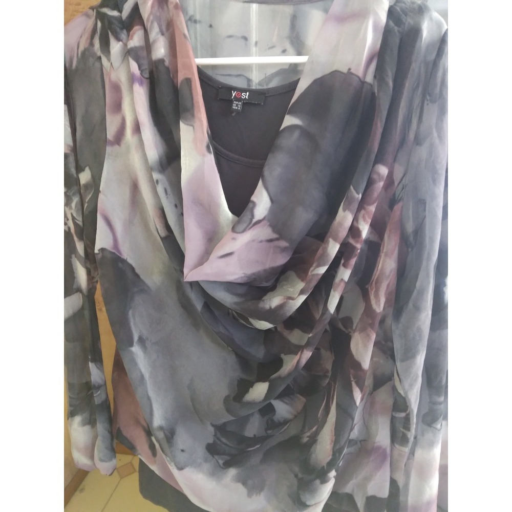 Yest lavender cream gray draped floral chiffon overlay top tank long sleeve